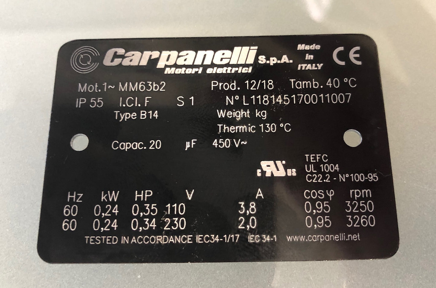 Carpanelli MM63b2 0.24Kw/0.35hP 2-pole 1ph AC Metric Motor or Brakemotor