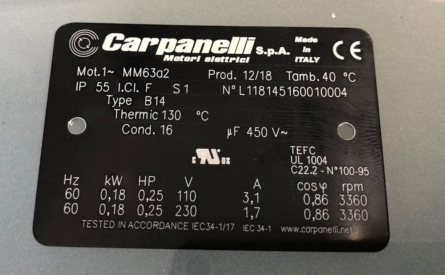 Carpanelli MM63a2 1ph AC Metric Motor or Brakemotor