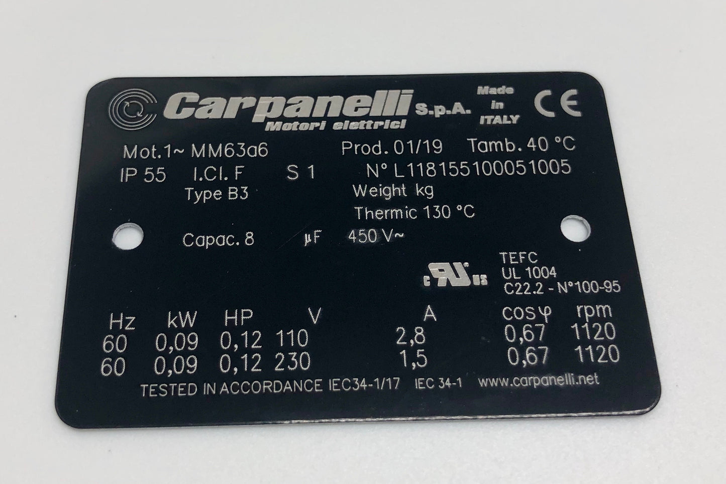 Carpanelli MM63a 0.09Kw/0.12HP 6pole 1ph AC Metric Motor or Brakemotor