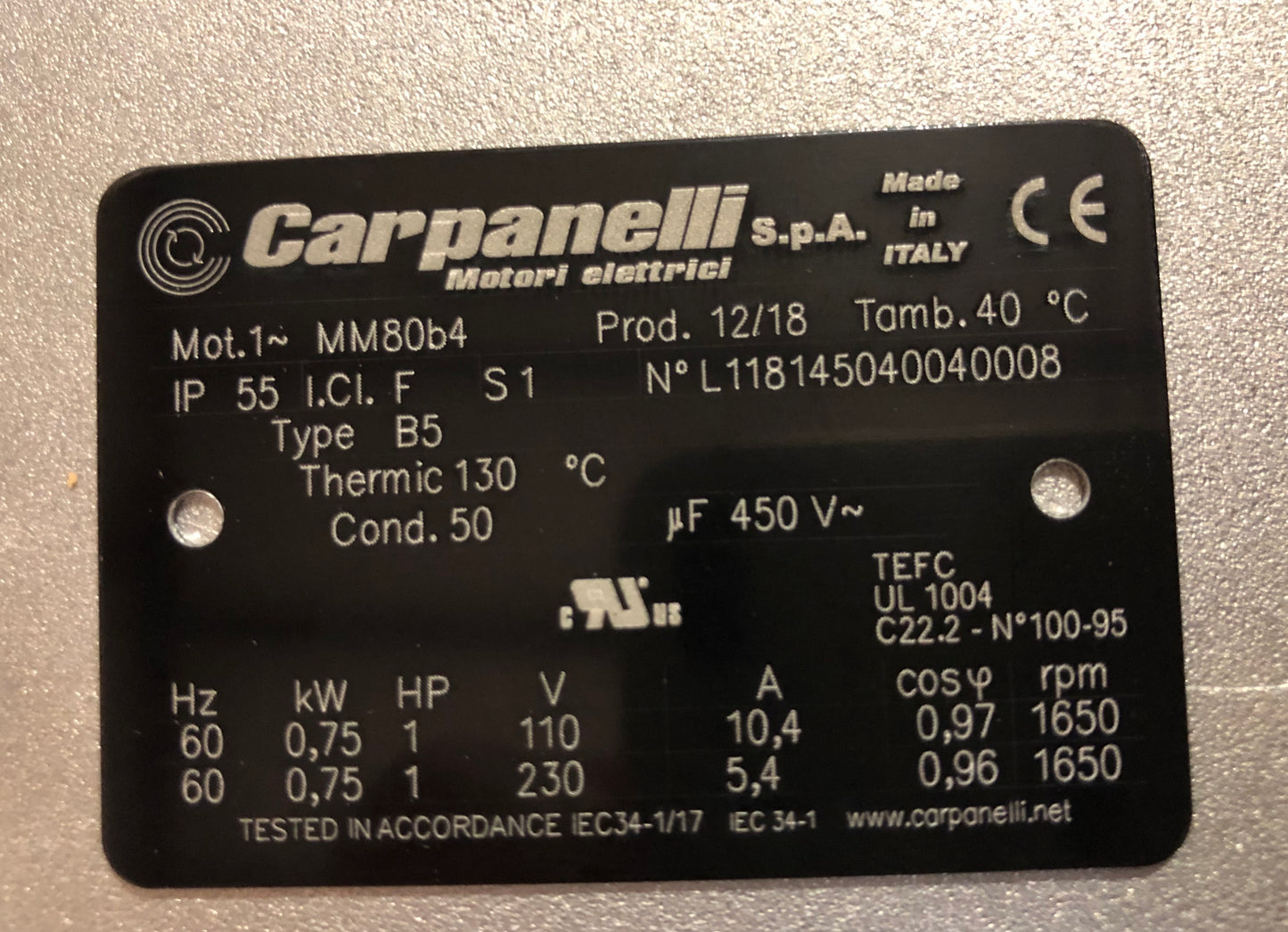 Carpanelli MM80b4 0.75Kw/1 Hp 110/230V/60Hz 1ph AC Metric Motor or Brake motor