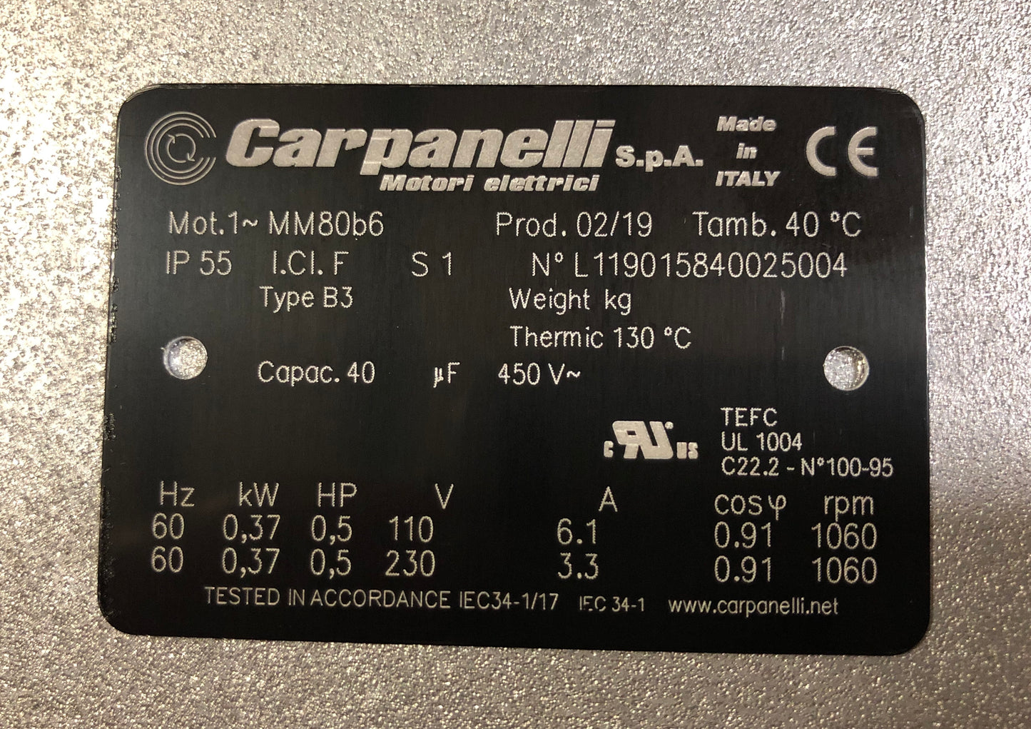 Carpanelli MM80b6 0.37Kw/0.5Hp 110/230V/60Hz 1ph AC Metric Motor or Brake motor