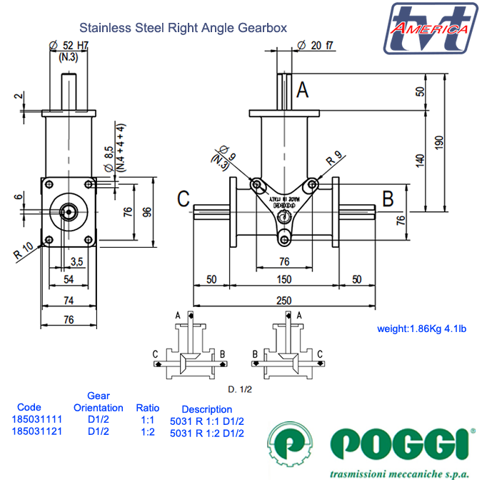 Poggi USA Right-angle Spiral-bevel Gearbox