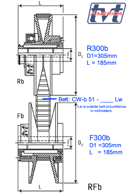 Berges® Spring tension Pulley type F300b for use with wide belts type CW-b 51 and adjusting pulley R300b.  